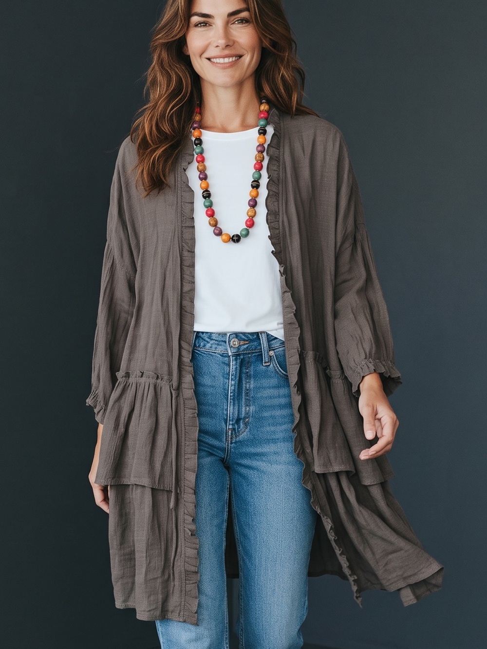 Women's Lightweight Ruffle-Trim Open Front Blouse — Charcoal